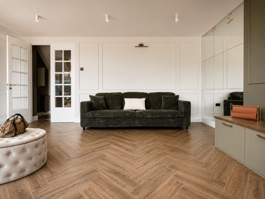 Luxury contemporary living room with herringbone flooring, olive feature wall and bespoke joinery by Daniels Contractors & Development
