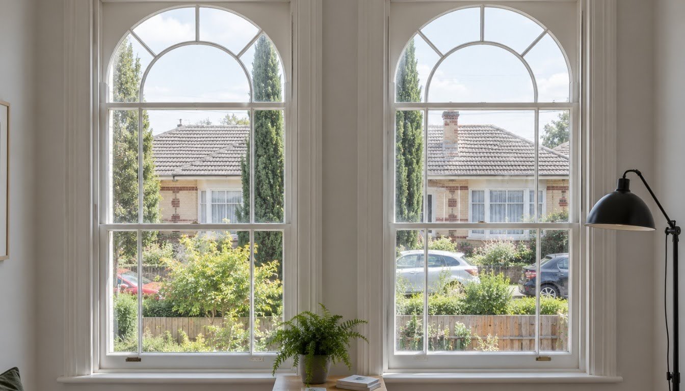 Restored white timber sash windows on a London period home by Daniel's Contractors